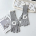 Détail de gants en tricot gris clair avec bordure en fourrure blanche et lettre D - Gris