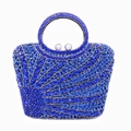 Vertical evening clutch bag in navy blue rhinestones with round handle and pearl clasp - Sapphire Blue