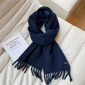 Close-up of navy blue scarf with long tassels and a branded gold metal plate detail - Navy Blue