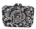 Elegante schwarze Abendtasche mit funkelnden silbernen Rosen-Strasssteinen und Blumenverschluss - Schwarz Grau Silber