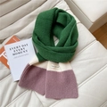 Close-up of tricolor knit scarf showing soft wool texture and white woven brand label - Deep Green/Rice White/Light Purple Color Block
