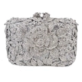 Silver evening clutch bag with sparkling floral crystal rhinestones and rose details - Silver