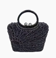 Luxurious black rhinestones clutch bag with fan pattern, metal handle and pearl clasp - Black