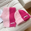 Close-up of knit scarf and hat set with fuzzy texture and pink color-block design - Pink Splicing Hat and Scarf Set