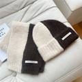 Close-up of dual-tone knit scarf and beanie set with soft textured plush fabric detail - Brown Splicing Hat and Scarf Set