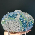 Luxury oval evening clutch with blue floral rhinestones and silver chain strap - Silver Multi (1#)