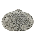 Macro detail of silver floral evening clutch bag featuring intricate crystal rhinestones - Silver