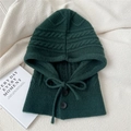 Detail of dark green cable knit balaclava with button closure and drawstring texture - 28*45cm / Green