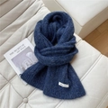 Detail of soft navy blue mohair knit scarf texture with a brand label on white leather - 20*160cm / Navy Blue