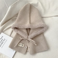 Detail of beige knitted balaclava hood featuring plush lining and button closure - One Size / Oatmeal