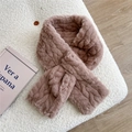 Close-up of pink plush faux rabbit fur scarf with a practical cross-through design - 5D Chain Lotus Pink