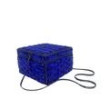Detail of royal blue square clutch with geometric crystal pattern and gray metal chain - Sapphire Blue
