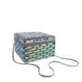 Detail showing the iridescent AB crystals and silver metal frame of the rectangular clutch - Silver AB