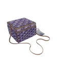 Detailed view of square purple crystal clutch bag with gold trim and chain strap - Violet