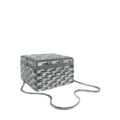 Macro view of crystal square clutch featuring silver metal frame and chain shoulder strap - Silver