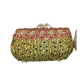 Macro view of crystal encrusted clutch with colorful waves and floral rhinestone clasp - Gold Green