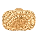 Dettaglio borsa da sera con motivo a foglie, decorata con perle e strass brillanti - Oro Chiaro