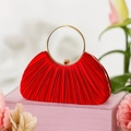 Elegant red pleated satin evening bag with a circular gold handle on floral background - Red