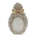 Detailed view of luxury perfume bottle evening bag with crystals and bow detail - Gold / White Zirconia