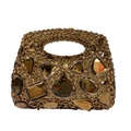 Detail showing amber crystals and golden rhinestones on a luxury evening clutch bag - Gold Coffee