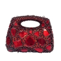 Close-up of red rhinestone evening bag with large teardrop crystals and cut-out handle - Red