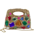 Detail of luxury gold dinner bag featuring multicolored rhinestones and chain strap - Gold Multicolor
