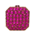 Detailed close-up of pink rhinestone clutch bag with crystal facets and gold clasp - Rose Red