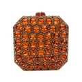 Detailed view of square gold clutch bag with amber crystal rhinestones and round clasp - Orange