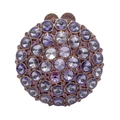 Close-up of luxury round evening bag featuring purple rhinestones and gold metal clasp - Violet