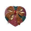 Pink and blue heart-shaped crystal clutch bag with a large golden rhinestone bow - Rainbow