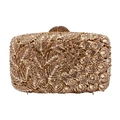 Detail shot of golden crystal clutch featuring intricate feather and peacock rhinestone patterns - Gold / Gold Rhinestone