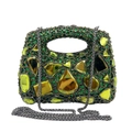 Luxury emerald green evening bag encrusted with large rhinestones and a silver chain strap - Olive Green