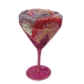 Macro detail of Martini glass shaped clutch bag with colorful rhinestones and gold handle - Purple Red Multi