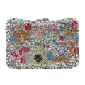 Detailansicht des bunten Blumenmusters und Kristall-Schmetterlings auf der Abendtasche - Silber Bunt