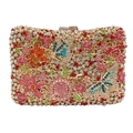 Detail der Kristall-Clutch-Tasche mit bunten Blumen- und Schmetterlingsmustern aus Strass - Gold Bunt