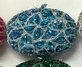 Pochette de soirée ovale de luxe avec strass bleu saphir et monture en métal argenté - Bleu lac