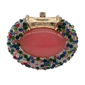 Oval rhinestone clutch bag with large pink gemstone and multicolored crystals - Pink Multi