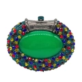 Oval rhinestone evening clutch featuring a green center stone and colorful crystals - Peacock Blue AB
