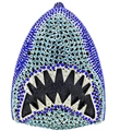 Macro detail of luxury shark evening bag featuring intricate blue and white rhinestone setting - Blue