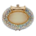 Oval rhinestone clutch bag with gold metal frame and yellow cat eye stone in the center - Gold AB
