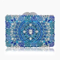Macro detail of luxury evening clutch with blue mandala rhinestone crystals and heart clasp - Lake Blue Multicolor