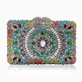 Detailed close-up of a hollow metal evening clutch with colorful rhinestones and jewels - Multicolor Silver Rainbow