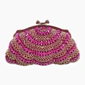 Macro detail of pink crystal radial fan patterns on the gold frame clutch bag - Rose Red
