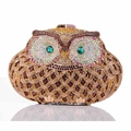 Golden owl evening clutch bag with sparkling rhinestones and green gem eyes on white background - Gold Coffee