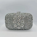 Silver hollow out evening clutch bag with sparkling rhinestones and floral metal frame - Silver