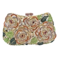 Luxury rose floral clutch with colorful rhinestones and gold-tone metal frame - Gold Orange Multi-color