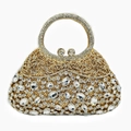 Bolso de noche ovalado con cristales dorados y asa de diamantes para fiestas - Dorado / Circonita Blanca