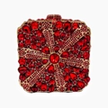 Luxurious red rhinestone evening clutch bag with starburst pattern and gold metal frame - Red