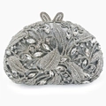 Exquisite silver crystal clutch bag with floral patterns and a rhinestone bow clasp - Silver