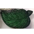 Detailed view of leaf-shaped evening clutch with dark green rhinestones and metal leaf veins - Emerald